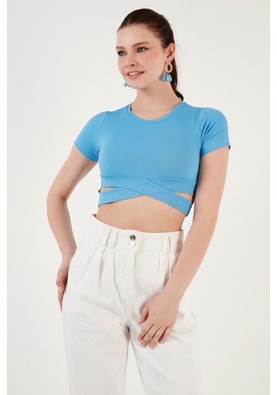 Lela Fitilli Bel Detaylı Kısa Kollu Dar Kesim Crop Bayan Bluz 5864211 Bebe Mavi