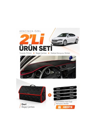 Skoda Super-b 2015-2021 Uyumlu Torpido Örtüsü + Deri Bagaj Çantası + Sticker Seti - Siyah Kırmızı