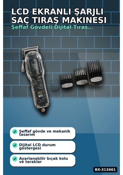 Lcd Ekranlı Şarjlı Saç Tıraş Makinesi 1800 Mah 4 Taraklı Usb Şarj Güçlü Motor Kesme Aleti Bx-313661