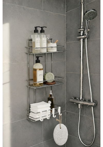 Sas Haus Krom 3 Katlı Banyo Rafı Şampuanlık Ve Duş Rafı Askılı Yapışkanlı Duvara Monte Tş-03 Krom