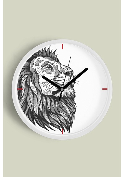 Soyut Aslan Modern Tasarım Duvar Saati - 25cm - Önü Camlı Beyaz Kasa - Sessiz Mekanizma-jh0330 Beyaz