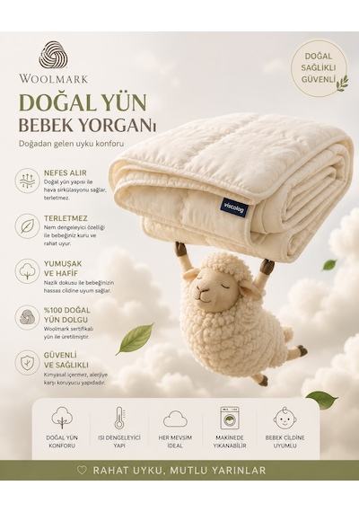Viscolog %100 Woolmark Doğal Yün Bebek Uyku Yorganı Tela Çantalı 95x145 CM