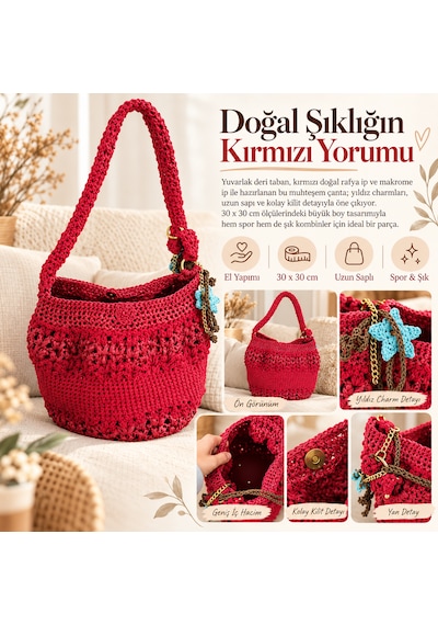Kırmızı Doğal Rafya Büyük Boy Çanta