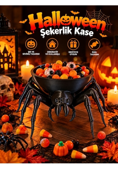 Halloween Cadılar Bayramı Dekoratif Örümcek Şekerlik Kase Masa Üstü Dekor