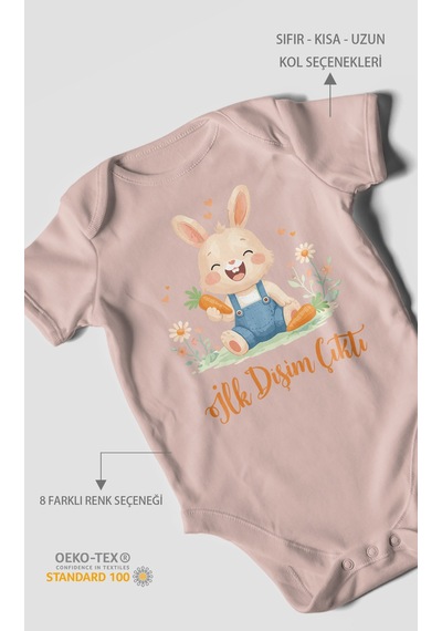 Morivokids İlk Dişim Çıktı Kısa Kollu Bebek Body %100 Pamuk Zbn119-kk Pastel Pembe