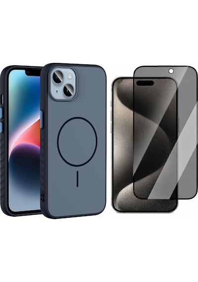 Vendas Apple Uyumlu iPhone 15 Kılıf M-safe Şarj Özellikli Zore Tea Kapak + Hayalet Ekran Koruyucu Lacivert