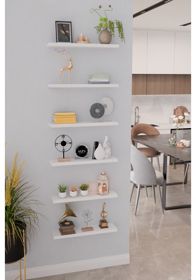 6'lı Duvar Rafı 50 Cm Kitaplık Salon Duvar Rafı Kitaplık Düzenleyici Raf Beyaz