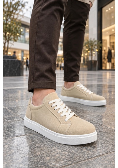 Mevese Etile Bağcıklı Süet Erkek Günlük Sneaker Ayakkabı - Krem