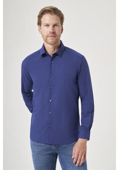 İmza Lacivert Sert Yaka Uzun Kol Cepsiz Slim Fit Pamuklu Gömlek 1004260181