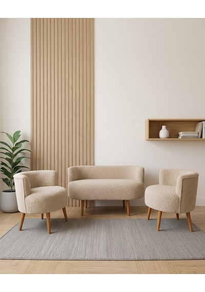 Sydney 2+1+1 Welsoft Tüylü Yumuşak Kumaş Balkon Çay Seti Koltuk Takımı - Ahşap Ayak - Cappuccino Bej Cappucino