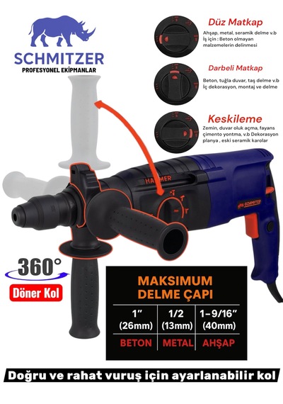 Schmıtzer 3'lü Set Sch-2603m Pro 850 W Sds Plus Metal Şanzuman Profesyonel Darbeli Matkap Kırıcı Delici 26mm Hilti