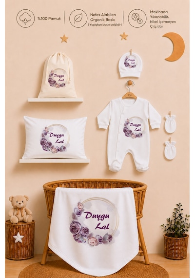 Pia Baby İsme Özel Hastane Çıkışı %100 Pamuk Kız Bebek Organik Baskılı Tulum Set Keseli Hediyelik 2052tybkyx Krem