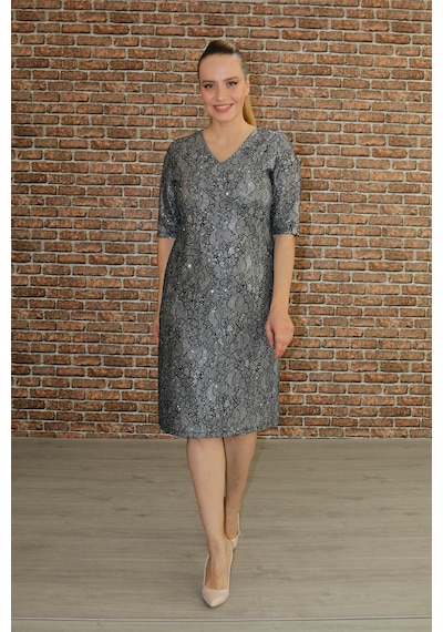 Nidya Moda Büyük Beden Kadın Siyah V Yaka Abiye Elbise-4009LS Siyah