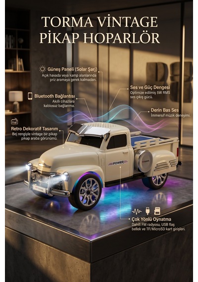 Bluetooth Hoparlör Pickup Araba Güneş Enerjili Speaker D54 Bej