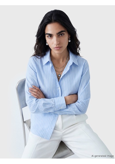 Lcw Vision Mavi Çizgili Oxford Kadın Gömlek