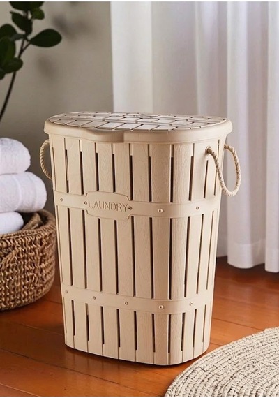 65l Dekoratif Kapaklı Banyo Kirli Çamaşır Sepeti - Geniş Hacim Ve Hasır Saplı - Bej - 863791536 Bej