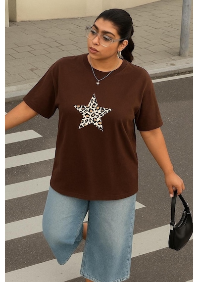 Büyük Beden Yıldız Leopar Baskılı Unisex Tişört Kahverengi