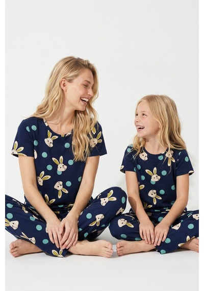 Siyah İnci Pamuklu Likralı Pijama Takım 7624 Lacivert