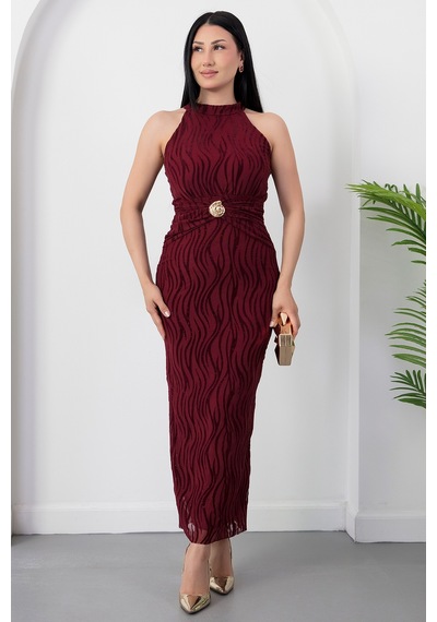 Kalopya Halter Yaka Beli Tokalı Bağlamalı Elbise Grs4023 Bordo