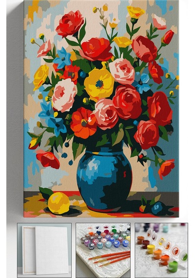 Sayılarla Boyama Seti Numaralı Tuval Fırça Boya Askı Aparatı Dahil Set 40x50 Cm - Vazoda Güller