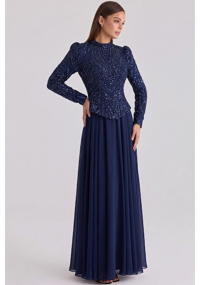 Olcay Boncuk Ve Pul Desenli Şifon Kombinli Exclusive Tesettür Abiye Elbise Lacivert 1073 Olcay Boncuk Ve Pul Desenli Şifon Kombinli Exclusive Tesettür Abiye Elbise Lacivert 1073