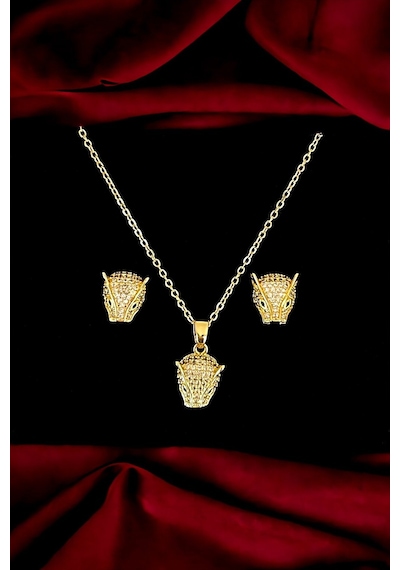 Qupa Store Yeşil Gözlü Kaplan Tasarım Gold Çelik Set Altın