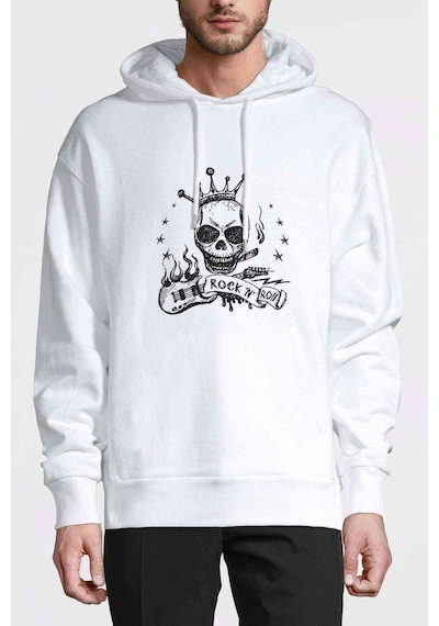 Rock'N Roll Baskılı Beyaz Erkek Örme Kapşonlu Sweatshirt