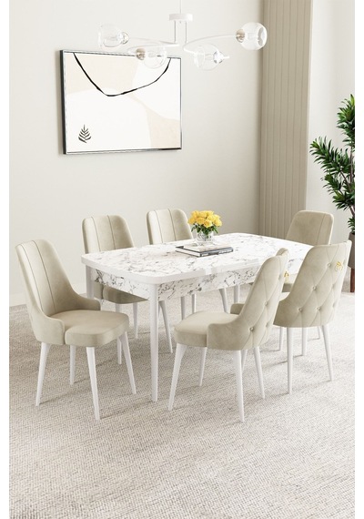 Clara Beyaz Mermer Desen 80x132 Açılabilir Mdf Masa Yemek Odası Takımı,mutfak Takımı 6 Adet Sandalye Bej Clara Beyaz Mermer Desen 80x132 Açılabilir Mdf Masa Yemek Odası Takımı,mutfak Takımı 6 Adet Sandalye Bej