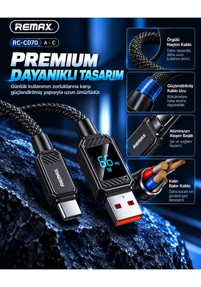 Remax Suxien Serisi Rc-c070-s 66w Akıllı Dijital Ekranlı Usb-a To Type-c Hızlı Şarj Ve Data Kablosu 1.2 Metre Siyah