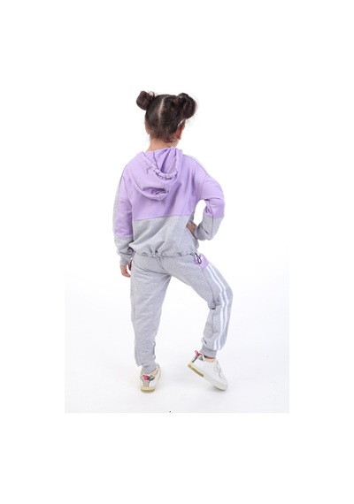 Toontoy Kız Çocuk 2'li Takım Kapüşonlu Cepli Sweatshirt & Beli Paçası Lastikli Jogger Eşofman Altı - Renk Bloklu & Bant Detaylı & 2 İplik Lila