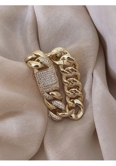 Eva Takı Store Küba Zinciri 14k Vip Seri Cuban Lınk Hip Hop Rhinestone Çelik Bileklik Altın
