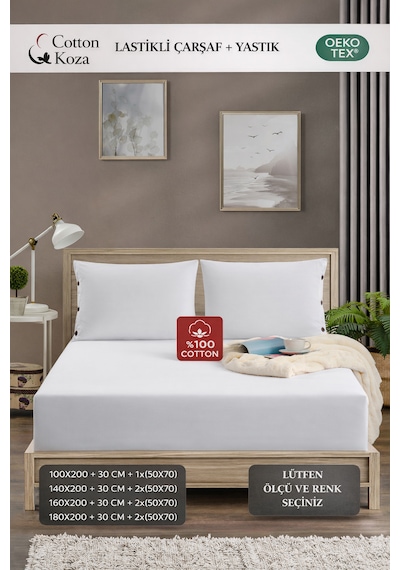 Yastık Kılıflı , Lastikli Çarşaf Takımı %100 Penye Beyaz