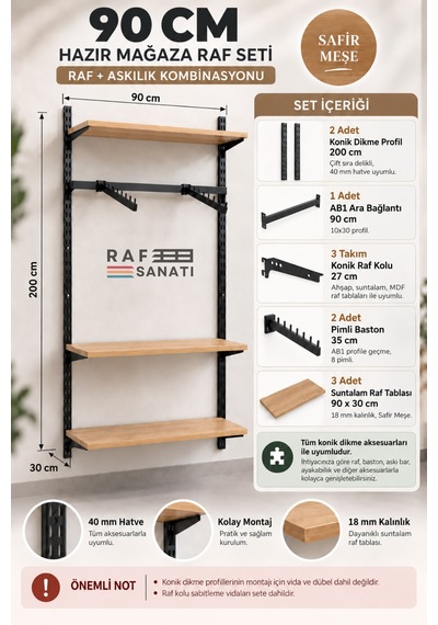 90 Cm Duvar Raf Askılık Sistemi 3 Raflı 200 Cm Konik Dikme Hazır Set Safir Meşe