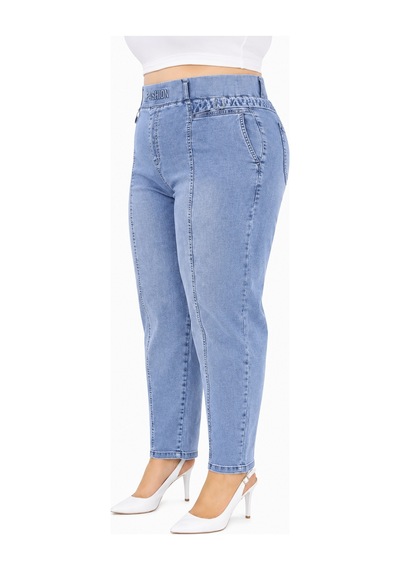 Büyük Beden Beli Lastikli Cepli Likralı Denim Mom Kesim Kadın Pantolon Mavi