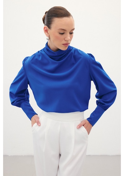 Sateen Drape Detaylı Bluz - Sax Mavi