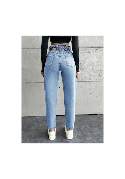 Kene Jeans Yüksek Bel Taş Yıkama Çift Düğme Kemer Büzgülü Mom Jeans Taş Yıkama