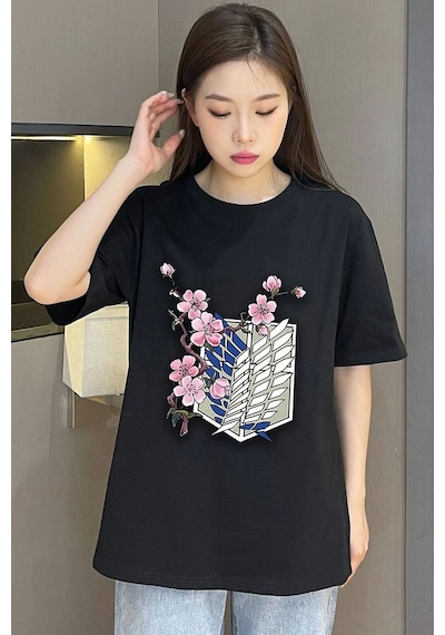 Unisex Flowers Baskılı T-shirt Siyah