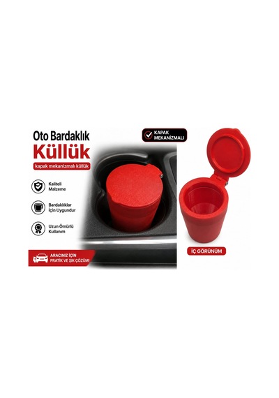 Oto Küllük Kırmızı , Bardaklıkta Kullanılan Küllük , Koku Önleyici Kapaklı Araba Küllüğü