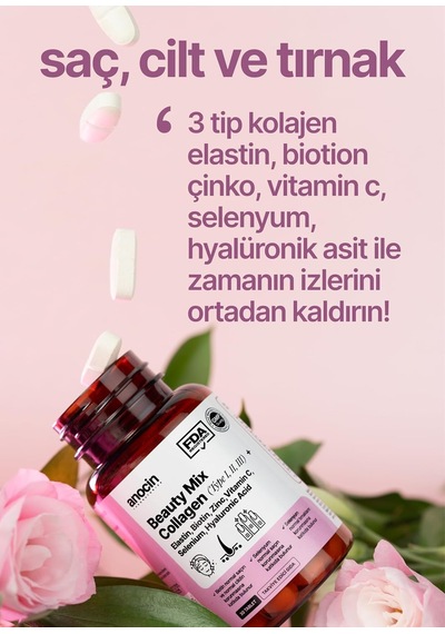 Beauty Mix Collagen Tip I,ıı,ııı +elastin,biotin,zinc, Vitamin C, Selenyum, Hyaluronic Acid, Kolajen