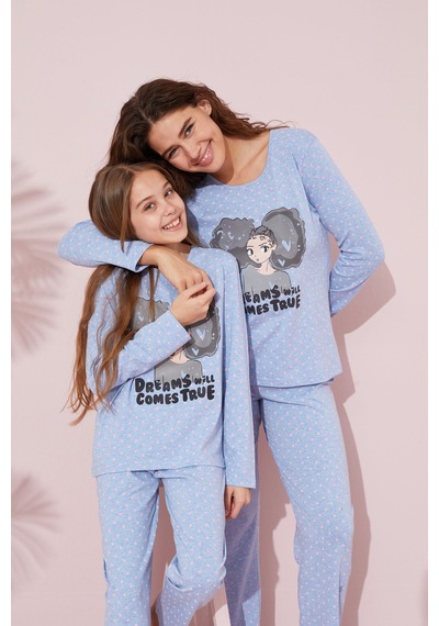 Siyah İnci Pamuklu Örme Pijama Takım 24241084 mavi