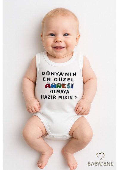Babyden's Dünyanın En Güzel Annesi Olmaya Hazır Mısın Yazılı Kolsuz Bebek Body Pamuklu Çıtçıtlı Yazlık Body Beyaz