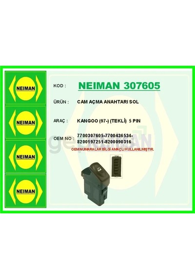 Cam Açma Anahtari Sol Renault Kangoo 1997 Tekli 5 Pin
