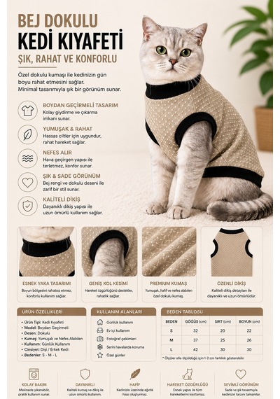 Bej Dokulu Kedi Kıyafeti Boydan Geçirmeli Yumuşak Ve Konforlu Kedi Tişörtü