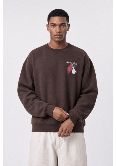 Respire Erkek Members Only Baskılı Oversize Sweatshirt Kahve