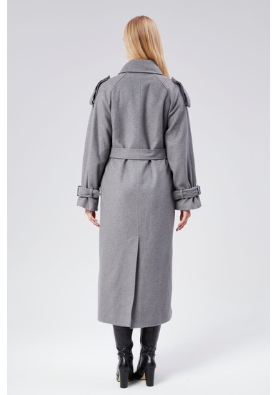 Kuşaklı Oversize Kaşe Kaban Gri