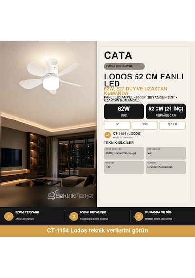 Cata CT-1154 Lodos Fan Led 62w  Kumandalı Işıklı Vantilatör