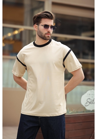 Madmext Bej Bisiklet Yaka Regular Fit Erkek T-shirt E7126 Bej