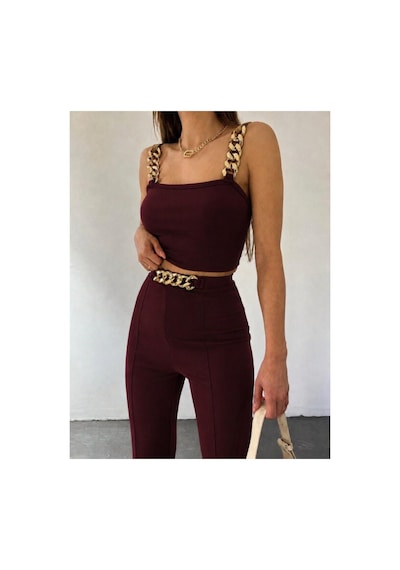 Butik İstanbul Kadın Zincir Askılı Krop Ithal Krep Bluz Ve Pantolon Ikili Takım Bordo