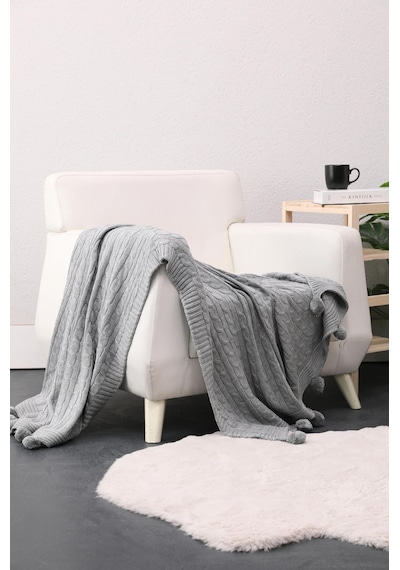 Biocotton Triko Ponponlu Örgü Tv Battaniyesi - Gri