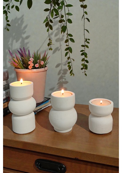 3lü Tealight Mumluk Seti - Dekoratif Beton Mumluk - Mumlar Dahildir Beyaz